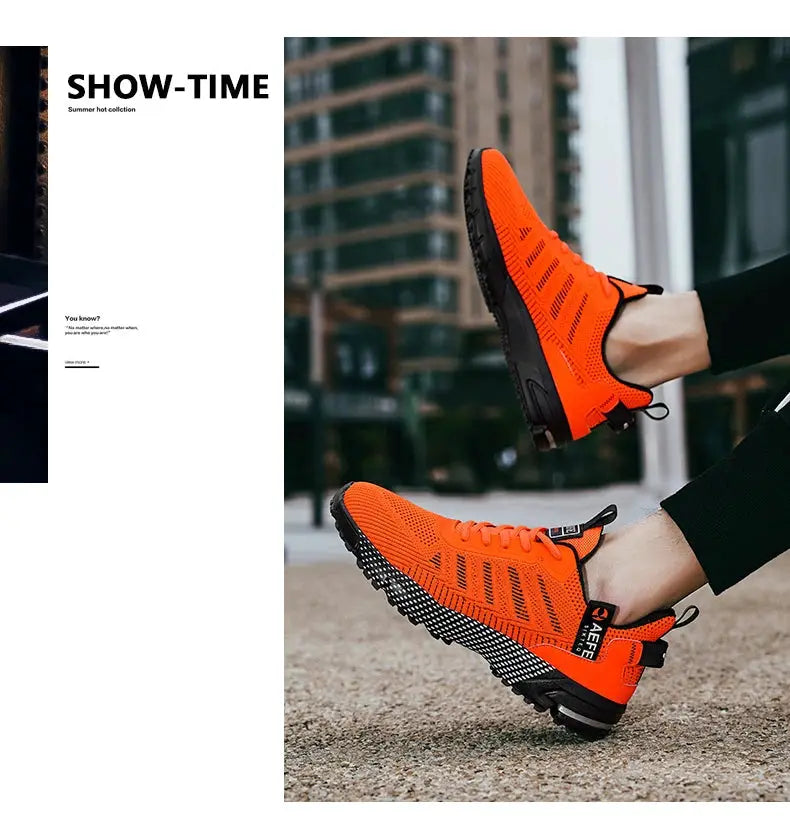 Men's orange running shoes by Simples Market, breathable lightweight athletic sneakers with black sole