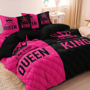 3pc Simples Market king/queen duvet cover set in pink and black with crown motif and QUEEN and KING text.