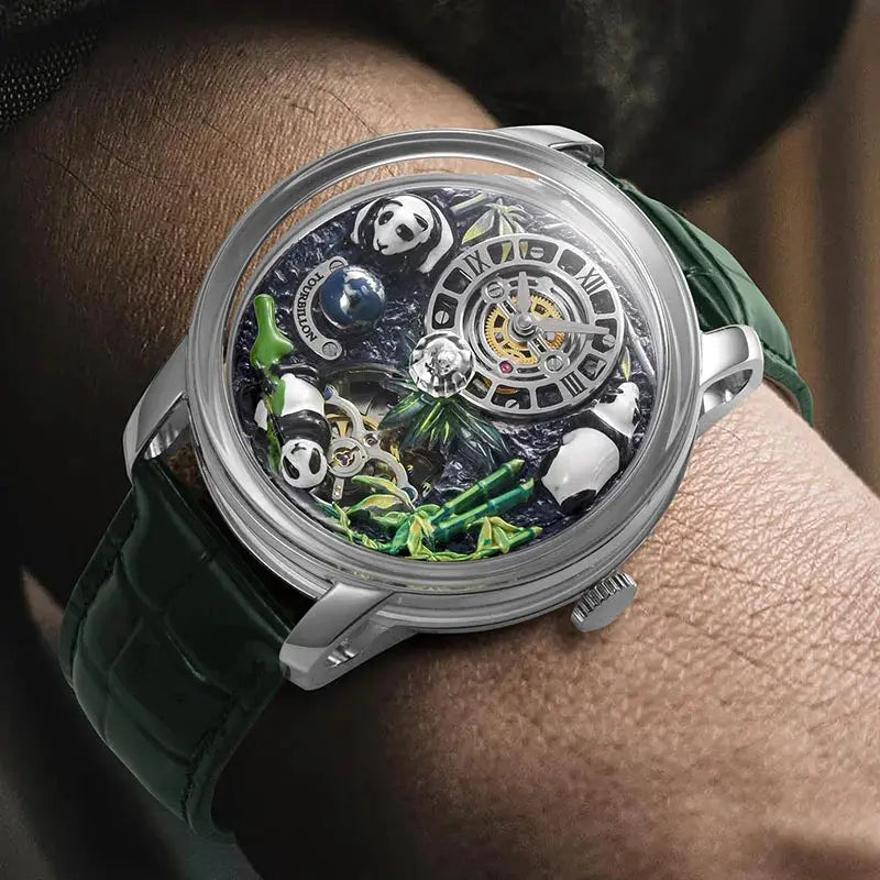 Men's Panda Series mechanical watch with rotating crystal ball, silver case, green leather strap; Simples Market M2791B