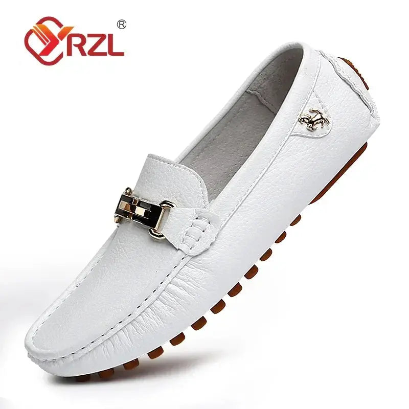 Men's white PU leather loafer with gold buckle, YRZL driving moccasin
