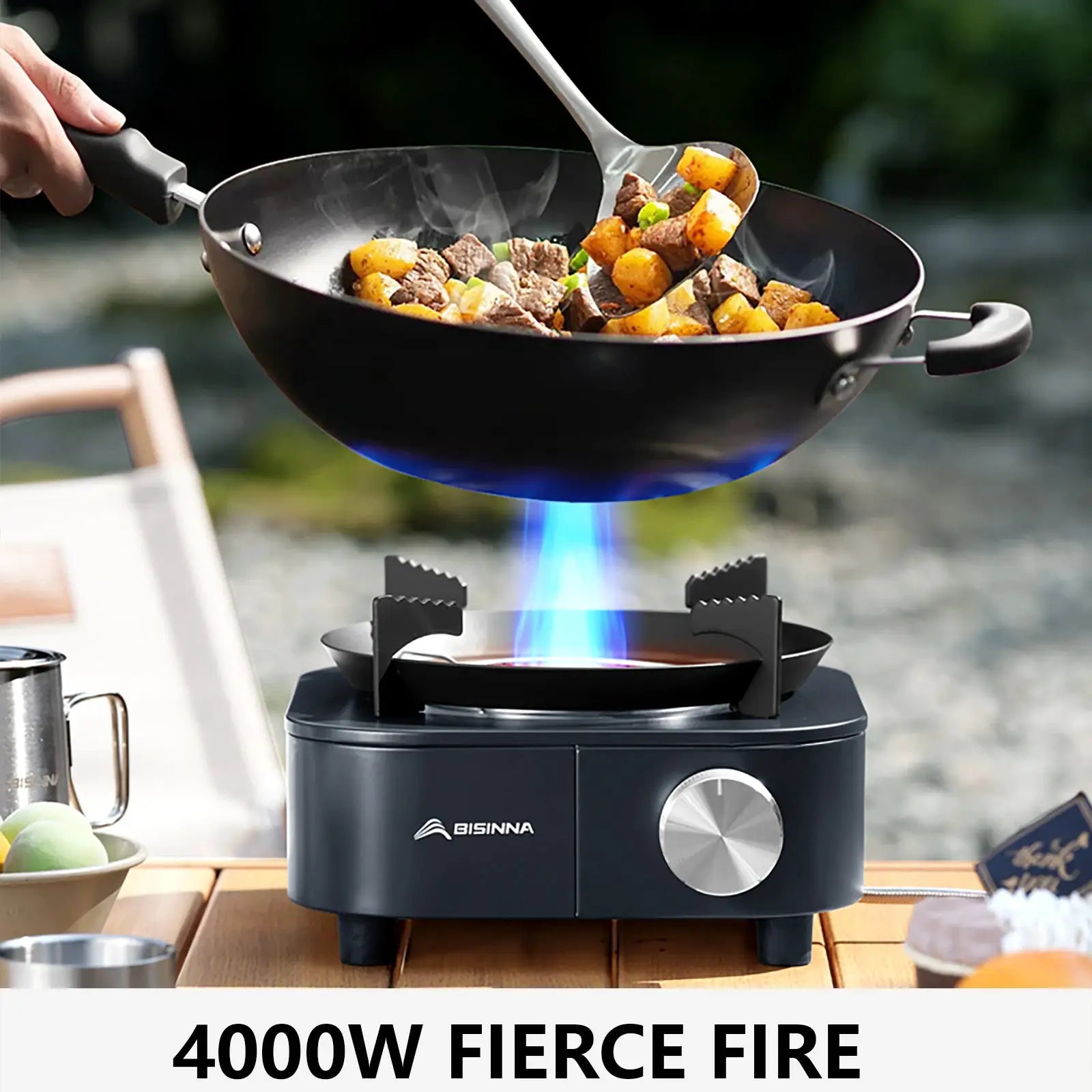 BISINNA 4000W portable infrared gas stove, black compact outdoor cooker with blue flame