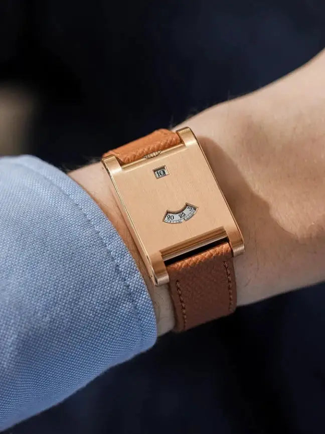 CILOA square-brand men's watch with rose-gold case and tan-brown leather strap