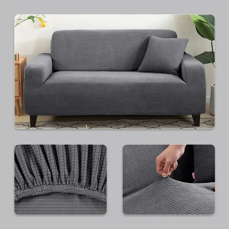 Elastic Jacquard Sofa Cover by Simples Market in charcoal gray; stretchable 1-5 seat slipcover