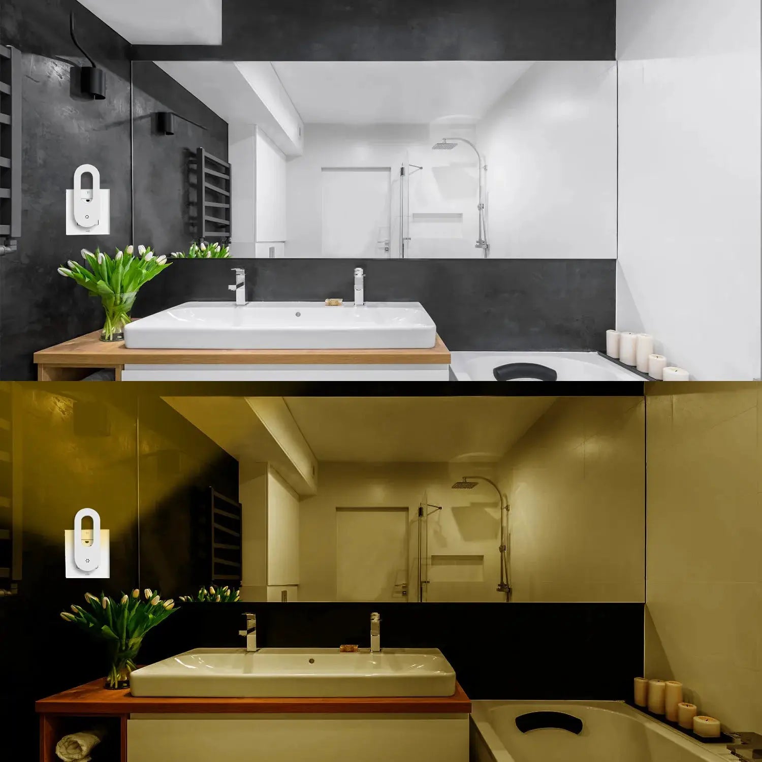 Simples Market white EU/US plug wall night light with twilight sensor mounted in a modern bathroom