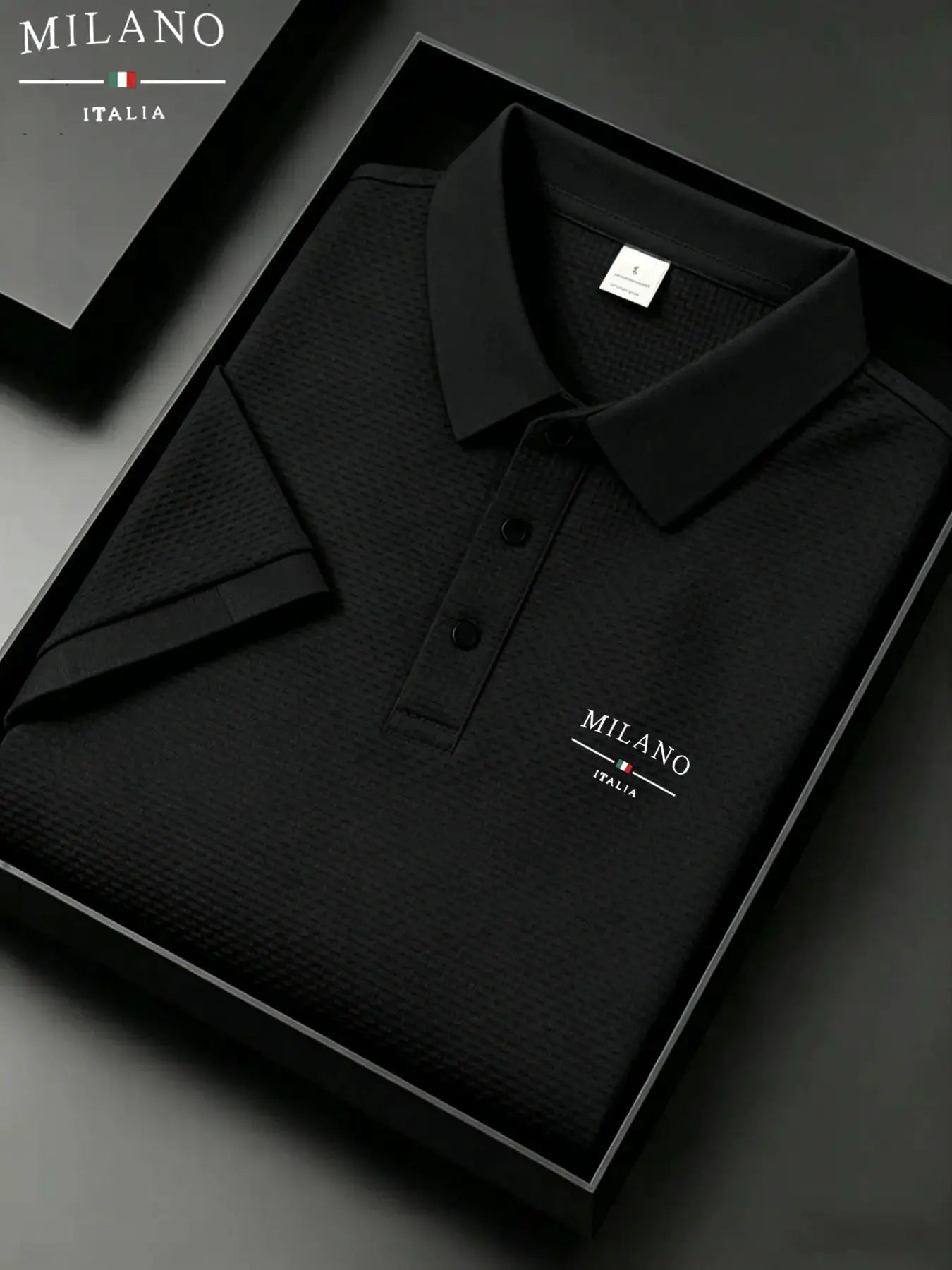 Men's black short-sleeved polo shirt in a gift box; Milano Italia branding.
