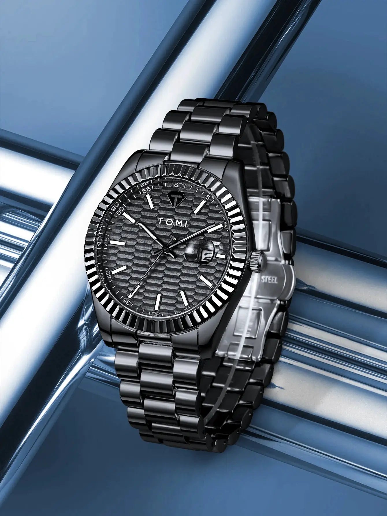TOMI men's black stainless steel watch with textured dial and date window