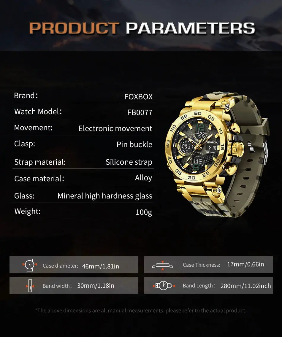 FOXBOX FB0077 men's electronic wristwatch with gold alloy case and silicone strap, LED display