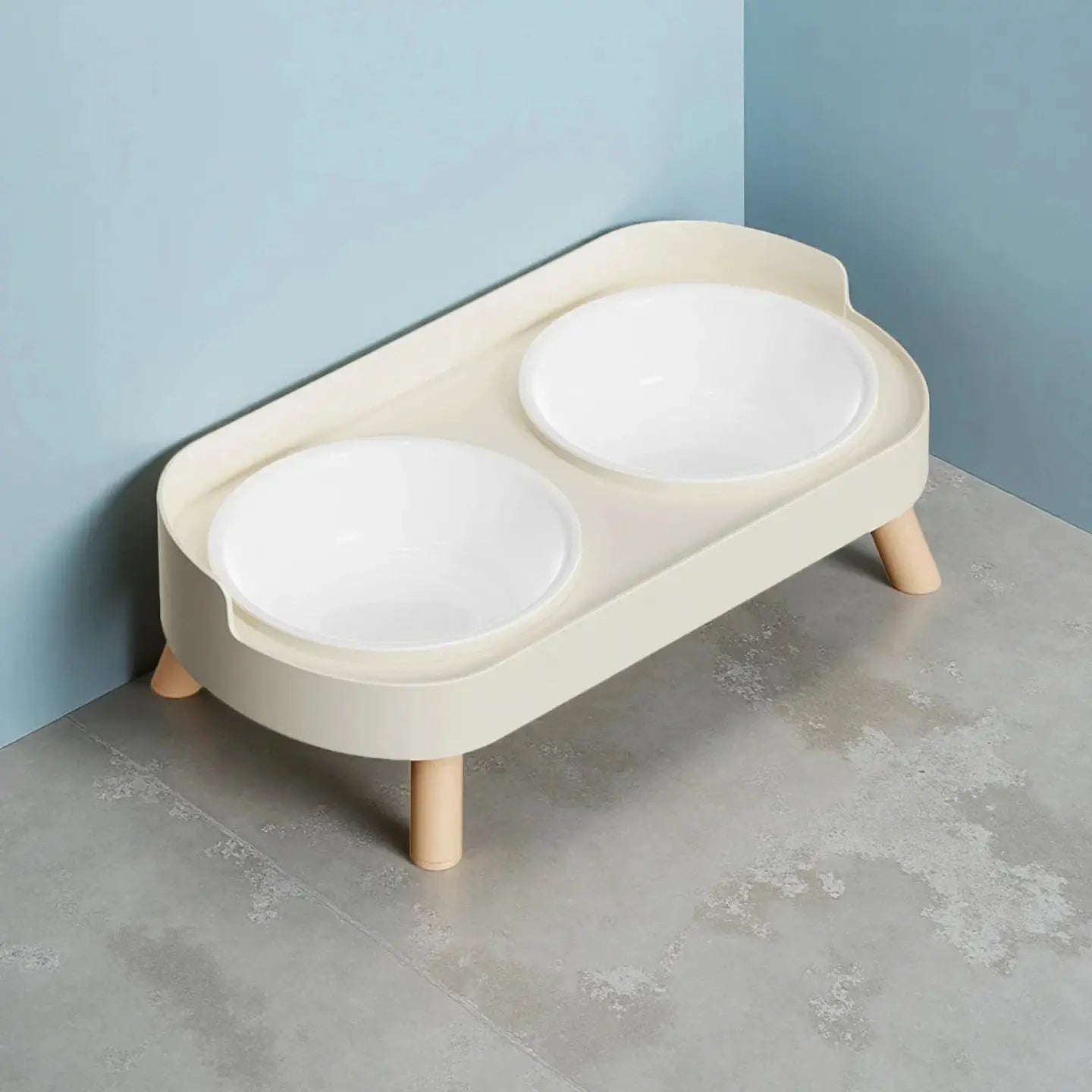 Dual stainless steel bowls pet feeder with neck support, cream base and wooden legs, Simples Market