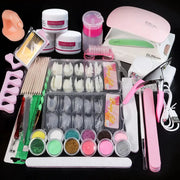 Simples Market nail acrylic powder and liquid monomer manicure kit with glitter colors, nail tips and pink UV lamp