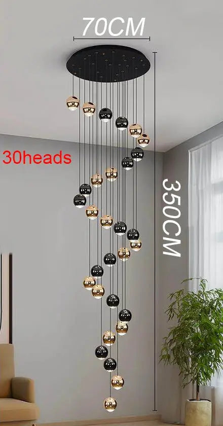 Simples Market pendant chandelier with 30 gold and black LED orb lights, 70 cm canopy and 350 cm hanging length