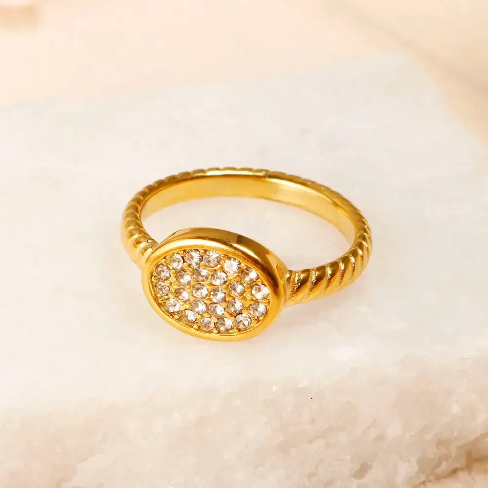 Gold Stainless Steel Ring With Round Bead And Clear Crystal Zircon Waterproof Everyday Fine Jewelry