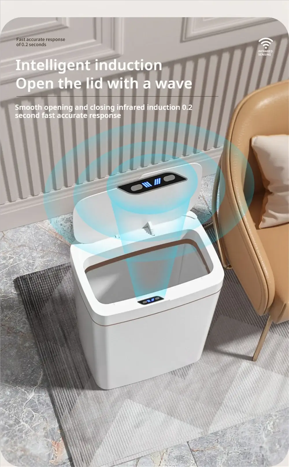 Smart white bathroom trash can by Simples Market; 15L touchless bin with infrared sensor lid