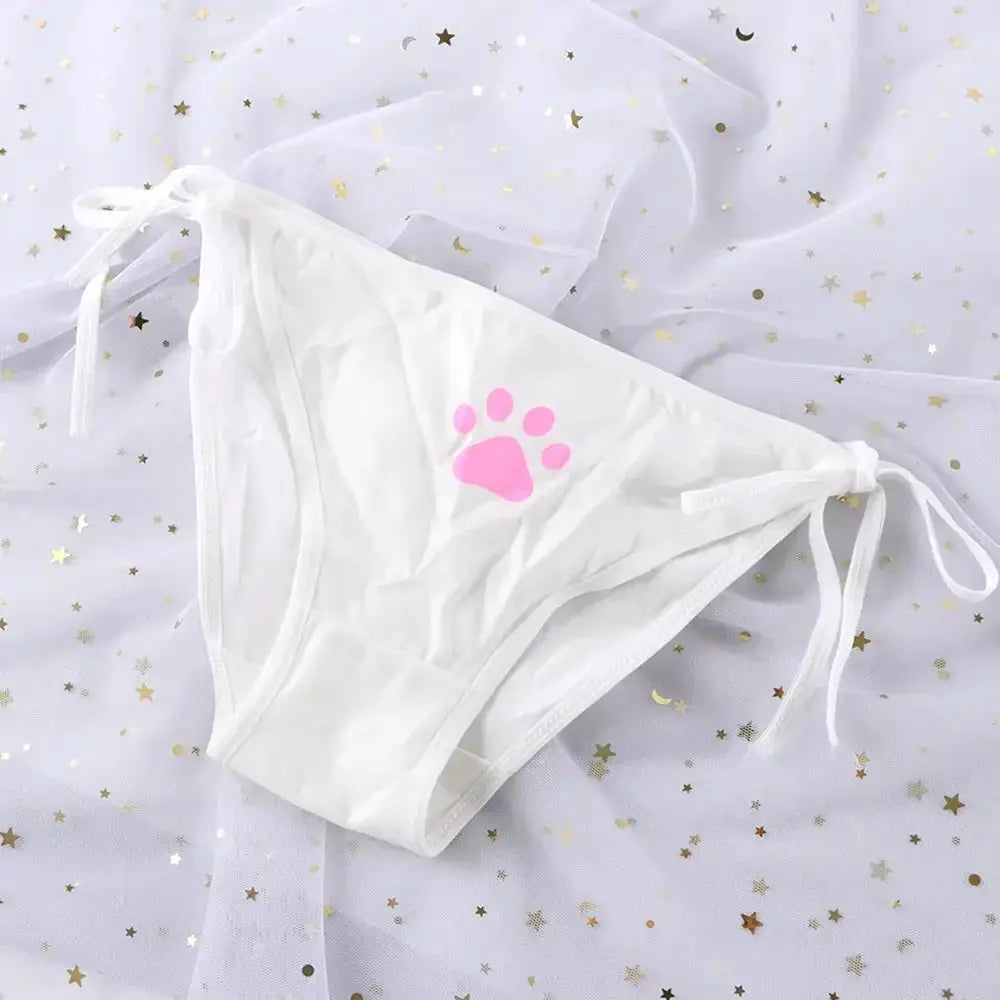 White low-waist panties with pink paw print, side ties, 1 piece, Simples Market