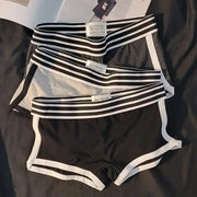 Women's low-waist boxer briefs set in black and gray with striped waistbands; breathable fabric, 4 pieces.