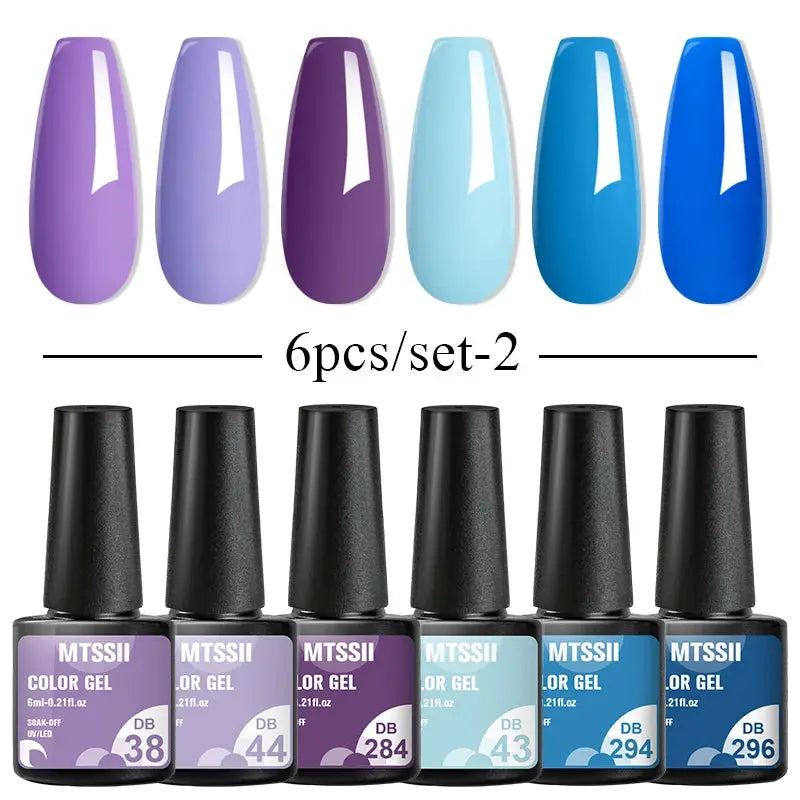 Gel nail polish set, 6-piece MTSSII bottles in purple and blue shades
