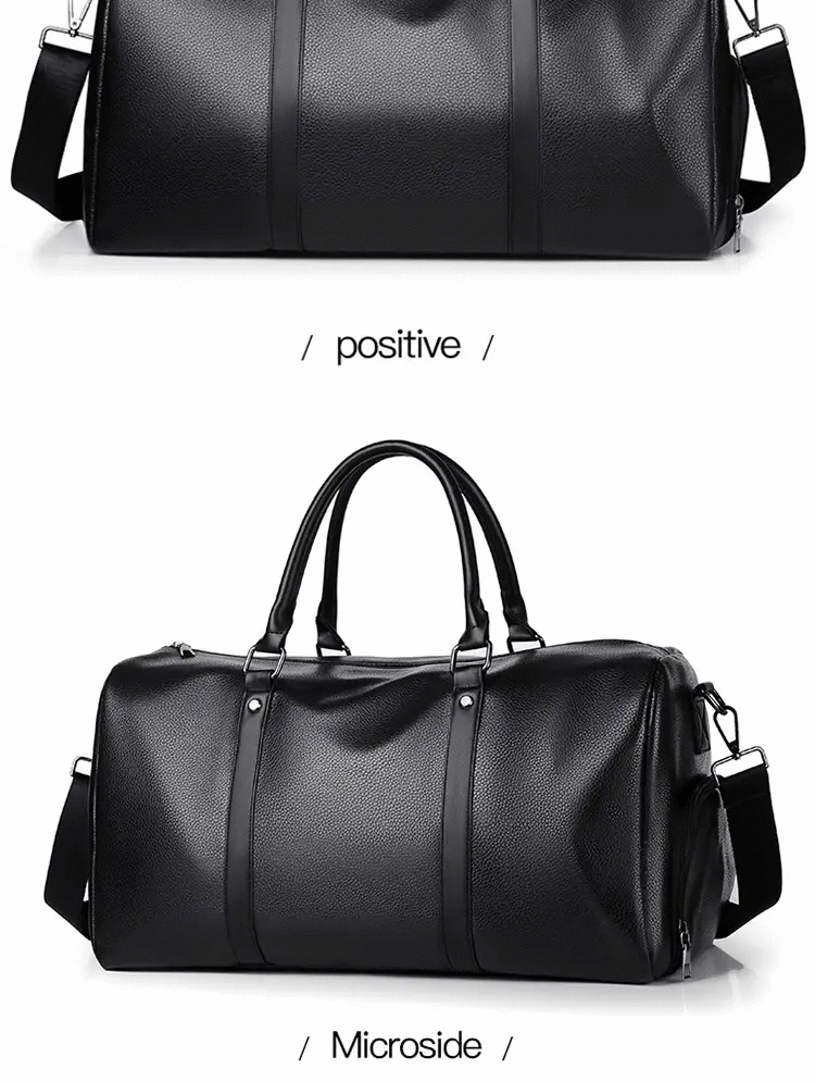 Black PU leather duffel bag with top handles and removable shoulder strap, large capacity