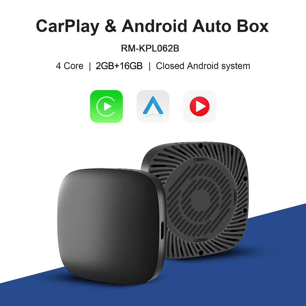 CarPlay & Android Auto box by Simples Market, two black square car multimedia devices with built-in Play Store.