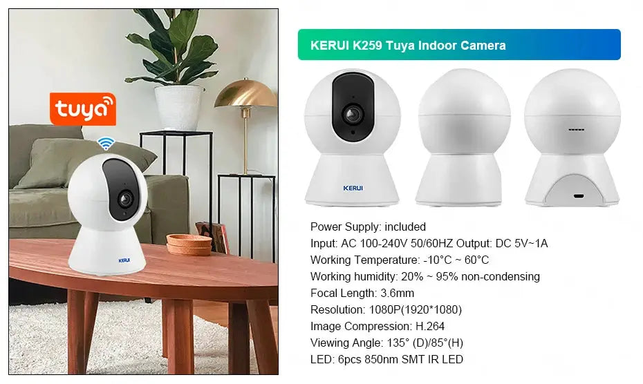 KERUI Tuya white indoor security camera on a wooden table; shows three model images and a specs panel.