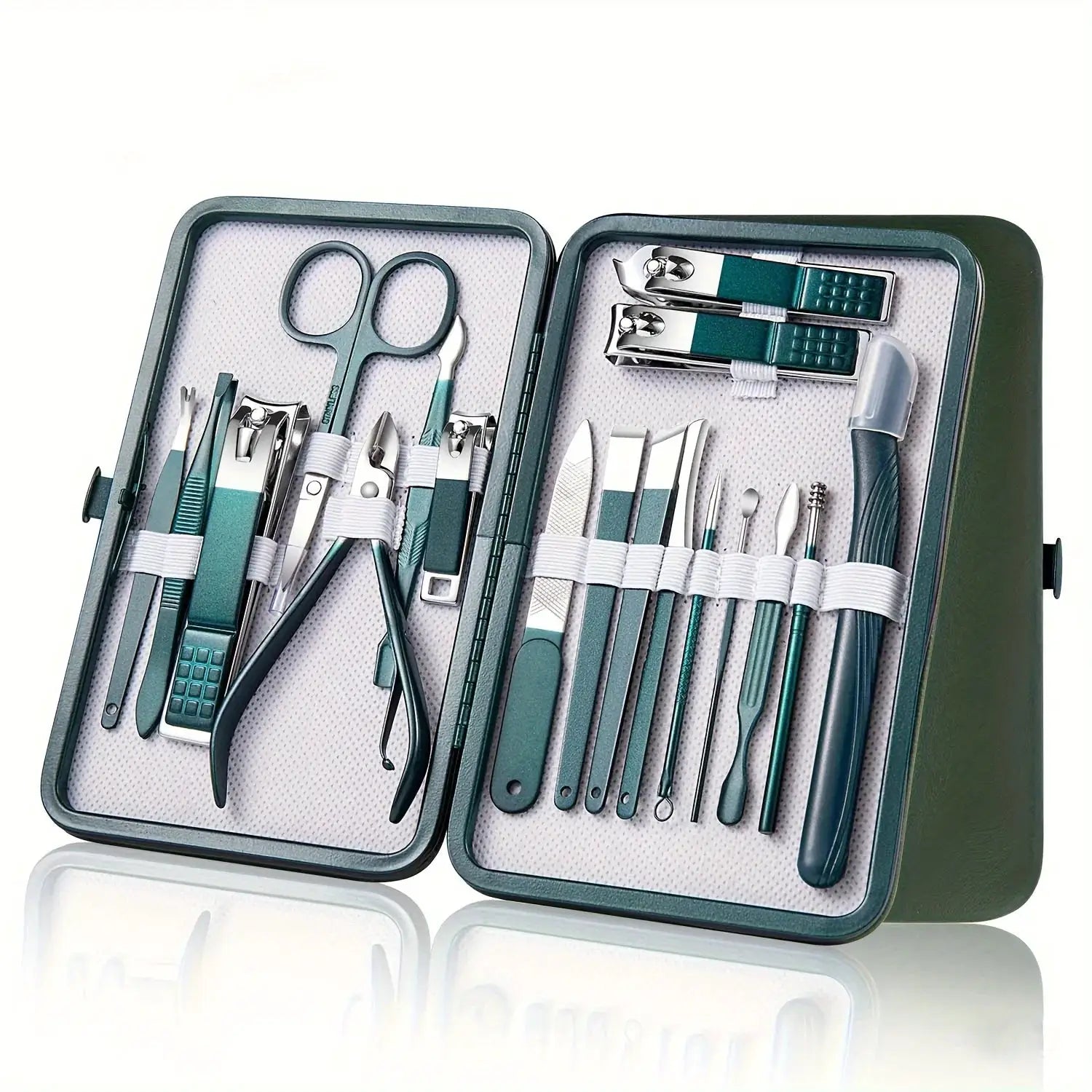 Manicure and pedicure kit by Simples Market, 18-piece stainless steel set in green travel case