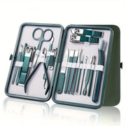 Manicure and pedicure kit by Simples Market, 18-piece stainless steel set in green travel case