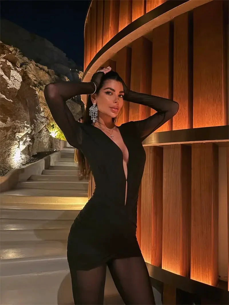 Jumpsuit black deep-V long-sleeve bodycon with plunging neckline