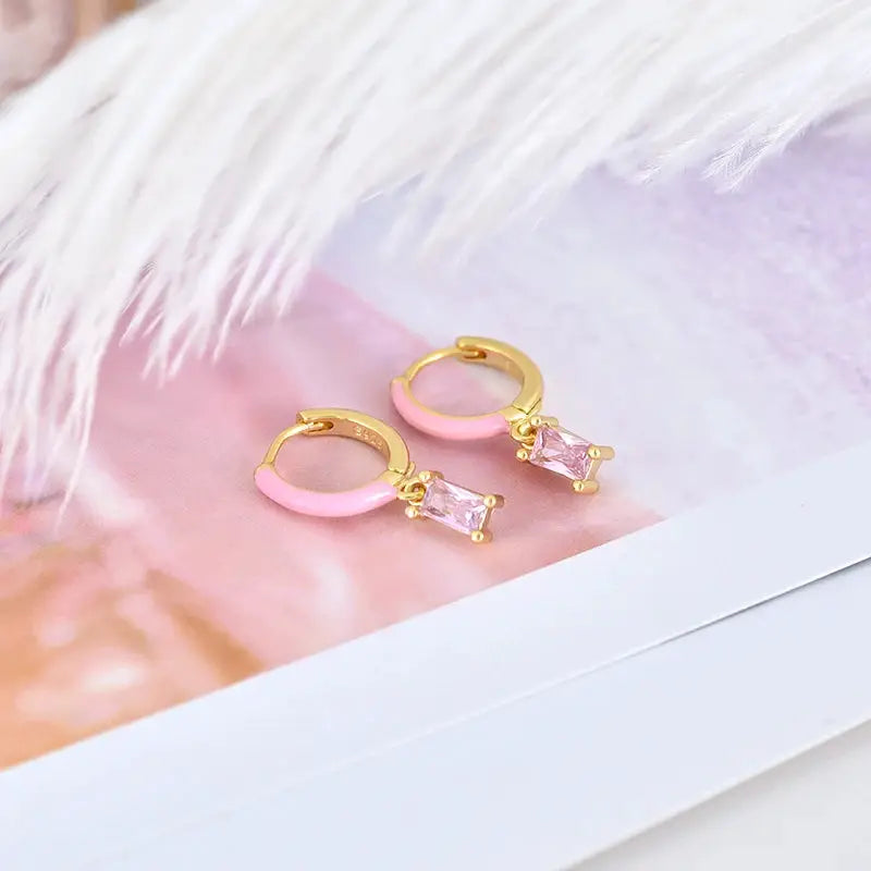 Simples Market 925 sterling silver hoop earrings with pink enamel and pink zircon pendants (pair)