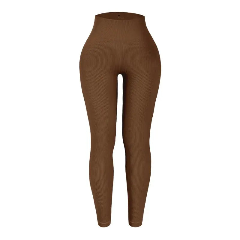 Thread Solid Leggings for Women, brown ribbed seamless knit, high-waisted yoga pants by Simples Market