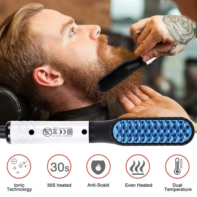 Simples Market beard hot comb straightener with blue bristle head, electric ion heating for wet or dry use
