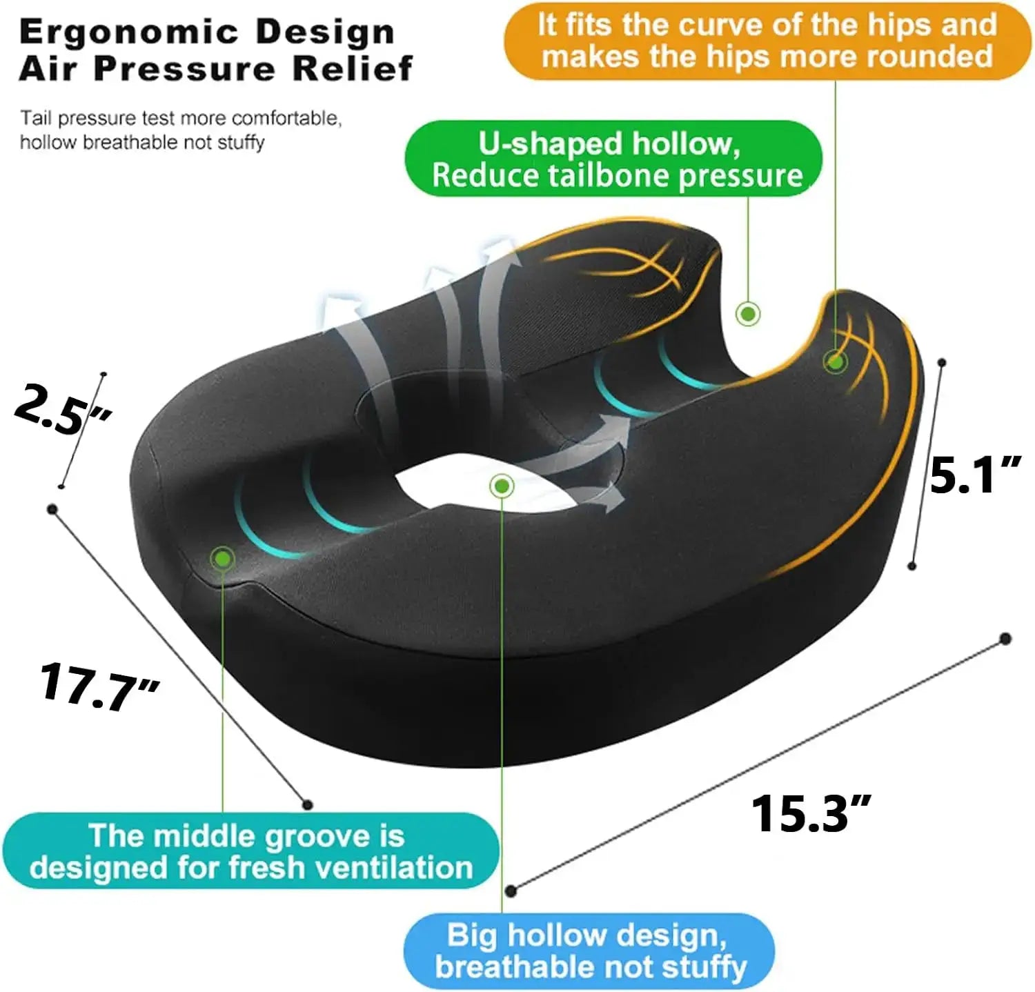 Simples Market Donut Pillow Coccyx Car Seat Cushion, memory foam, black