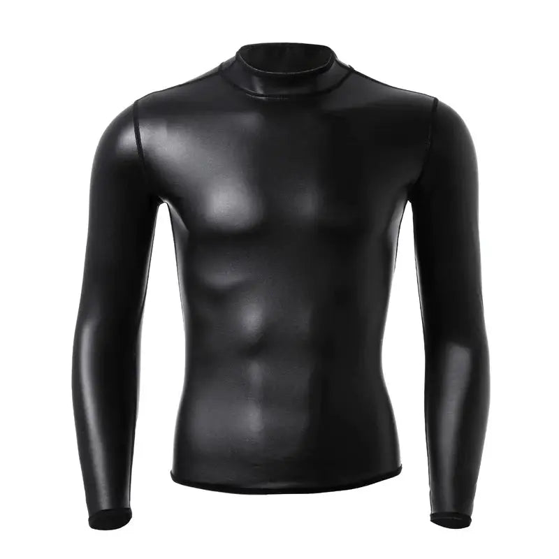 Men's black leather long-sleeve T-shirt with stand collar, slim fit