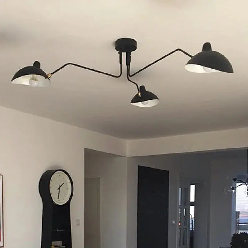 Spider pendant light with three arms in black metal and white interior shades, LED ceiling lamp