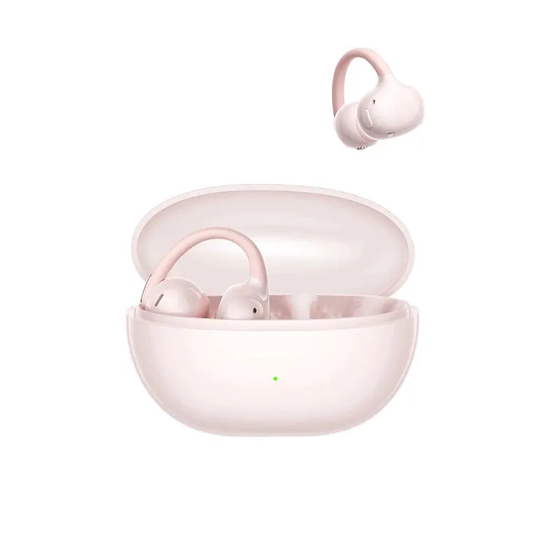 Baseus Bowie MC2 AIR clip-on TWS earbuds in rose pink with charging case.