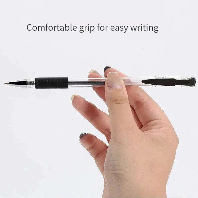 Gel pen with clear barrel and black grip, 0.5mm tip, held in hand