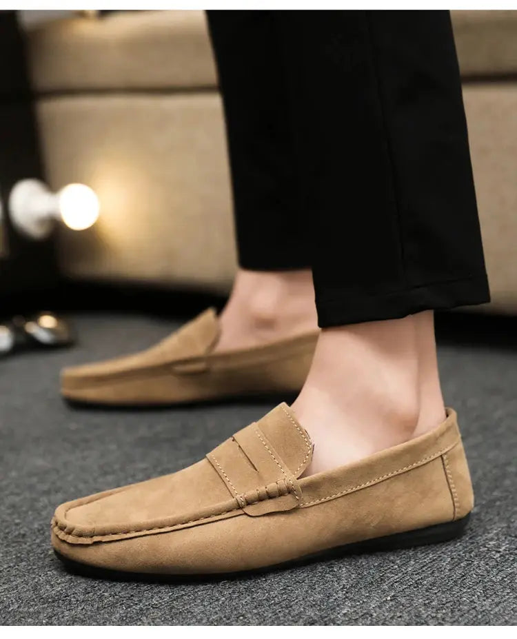 Two tan suede driving loafers for men, versatile casual work shoes
