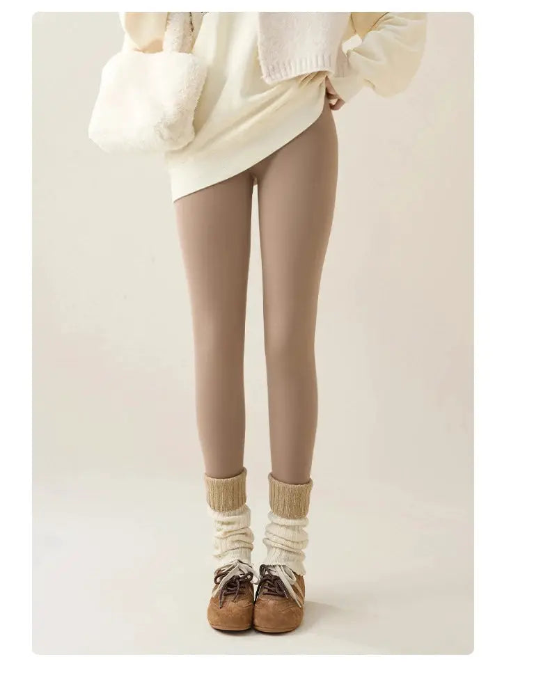 BIVIGAOS brown fleece-lined sharkskin leggings for women by Simples Market, thick warm tights