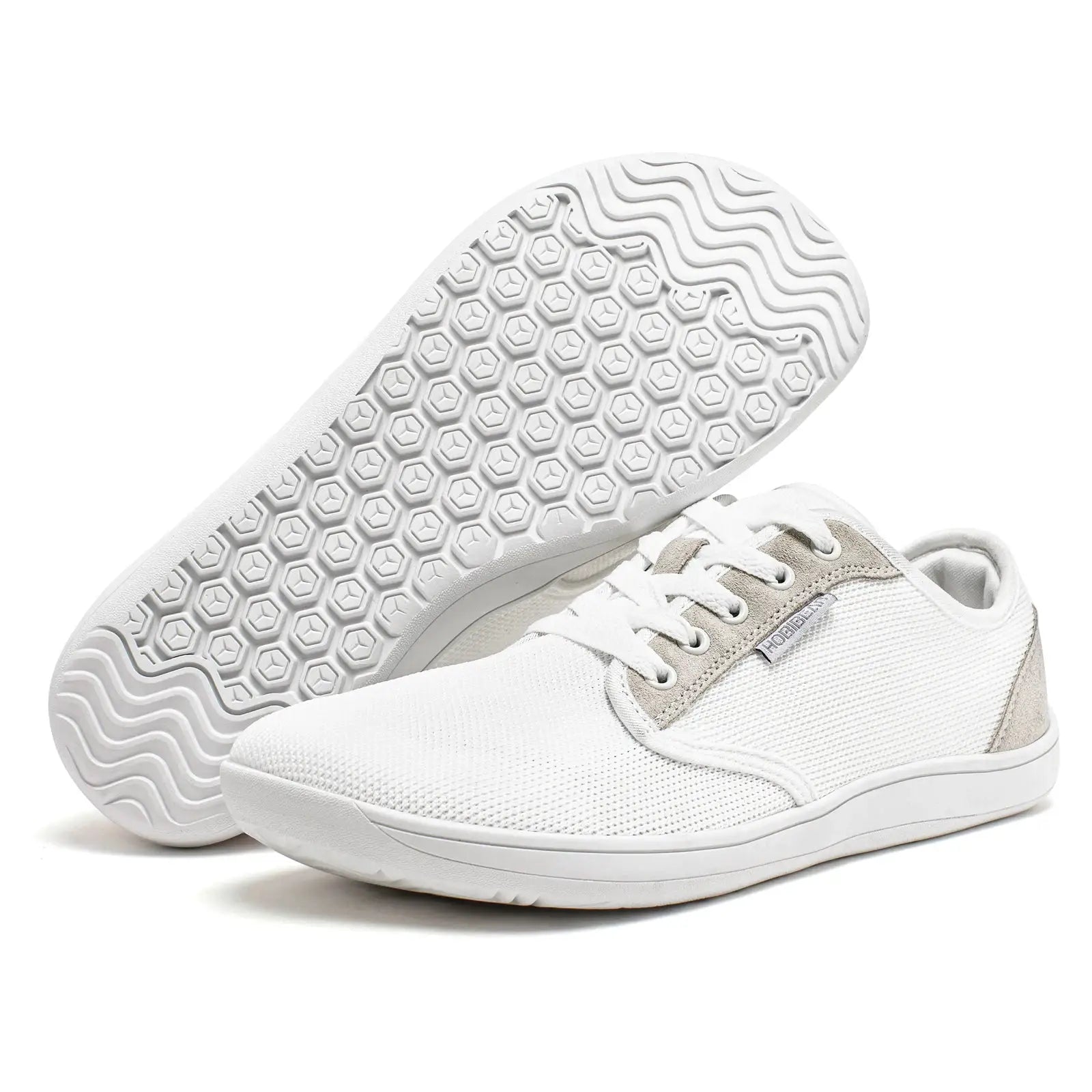 HOBIBEAR minimalist barefoot sneakers, white canvas with beige suede accents and white sole