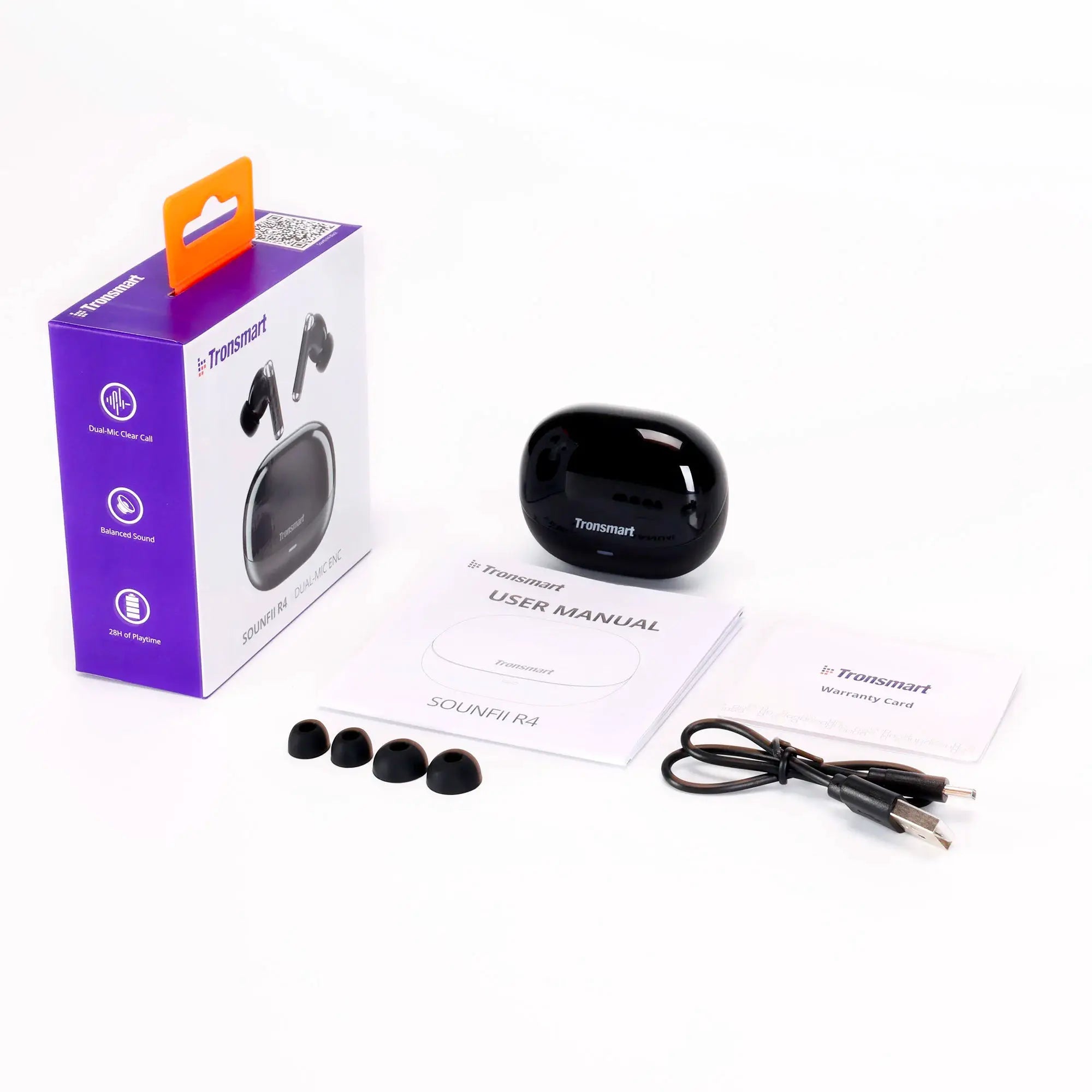 Tronsmart SOUNFII R4 wireless earphones with black charging case, purple box, USB cable, and five silicone ear tips