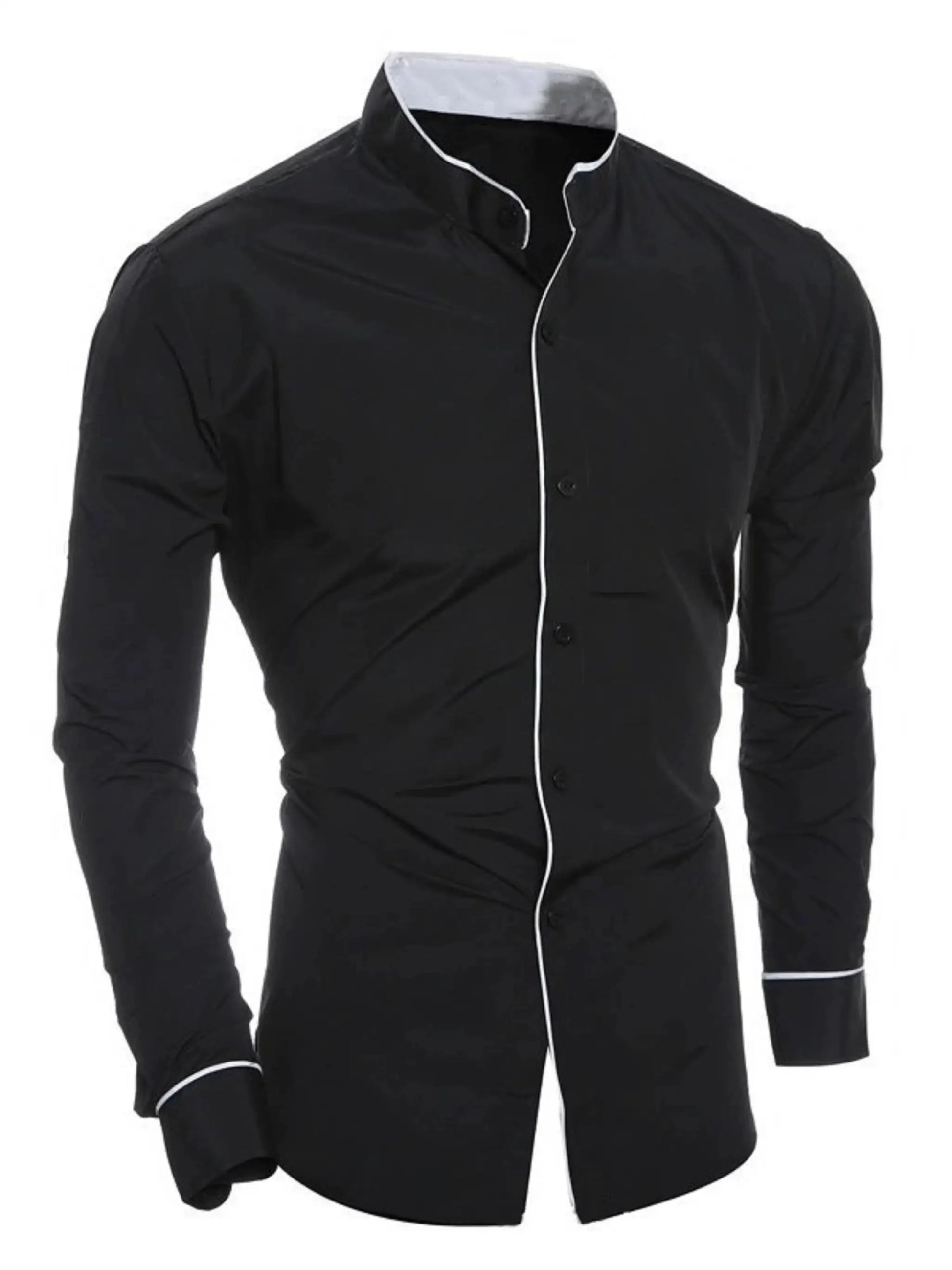 Men's black stand-up collar long-sleeve shirt with white piping, Simples Market slim-fit button-down.