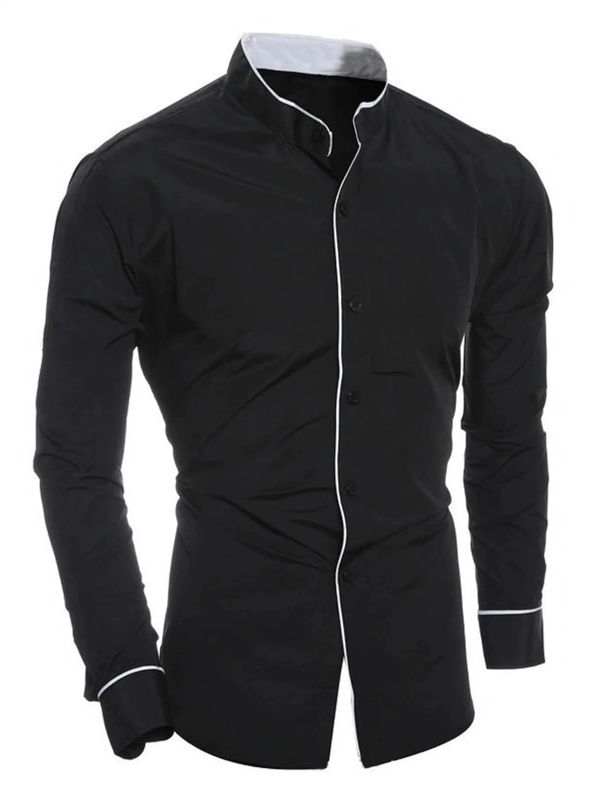 Men's black stand-up collar long-sleeve shirt with white piping, Simples Market slim-fit button-down.