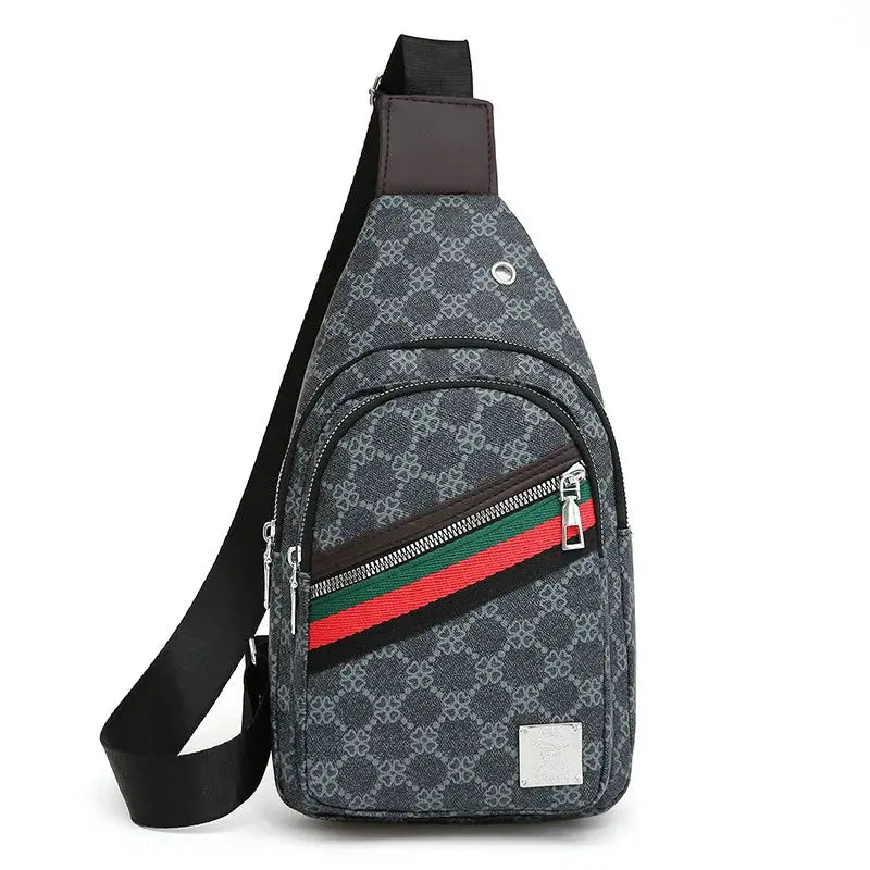Men's multifunction messenger bag in gray patterned fabric with diagonal red-green zip pocket and black strap.