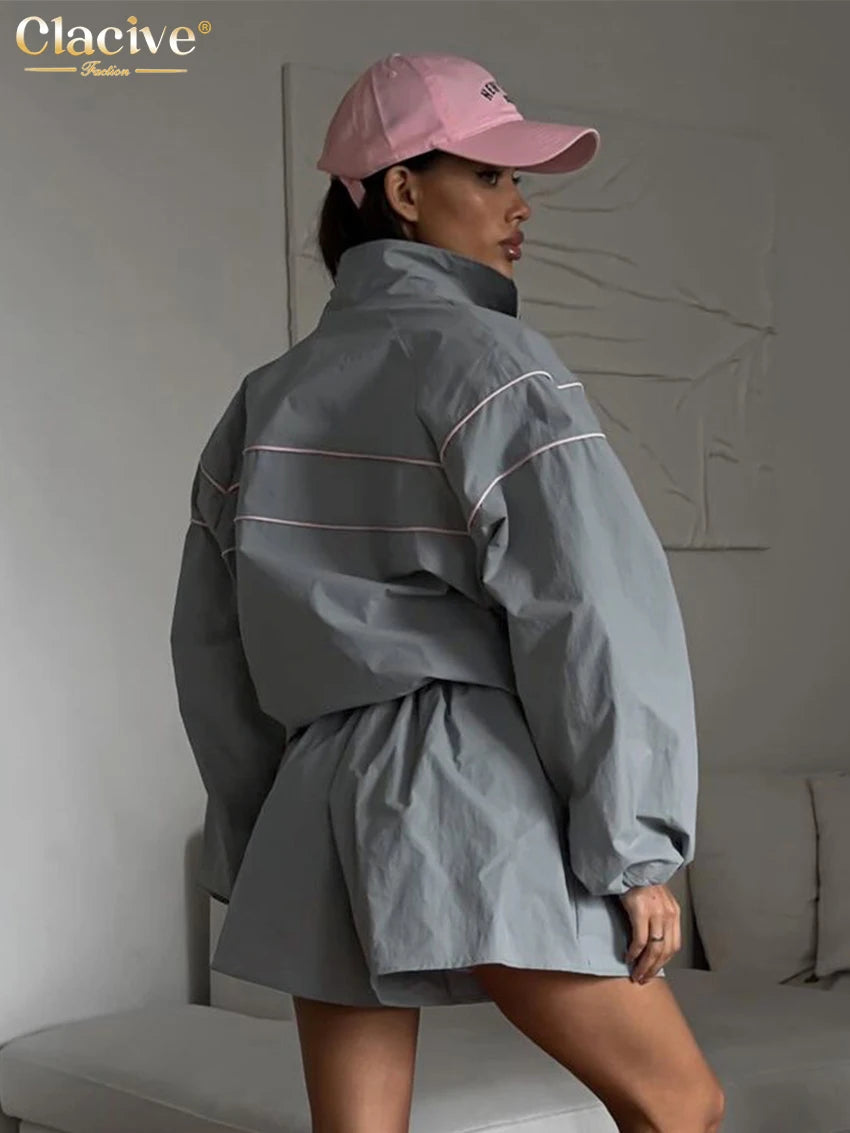Clacive Gray 2 Piece Set Women Longsleeve Shirt High Waist Shorts 2024