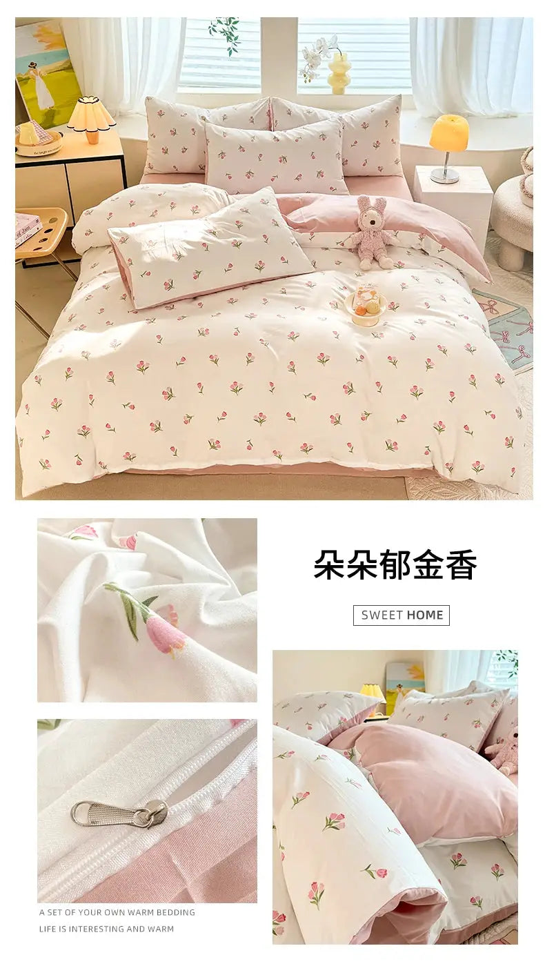 Tulip three-piece student bedding set with pink floral quilt cover and pillowcases by Simples Market, no sheets.