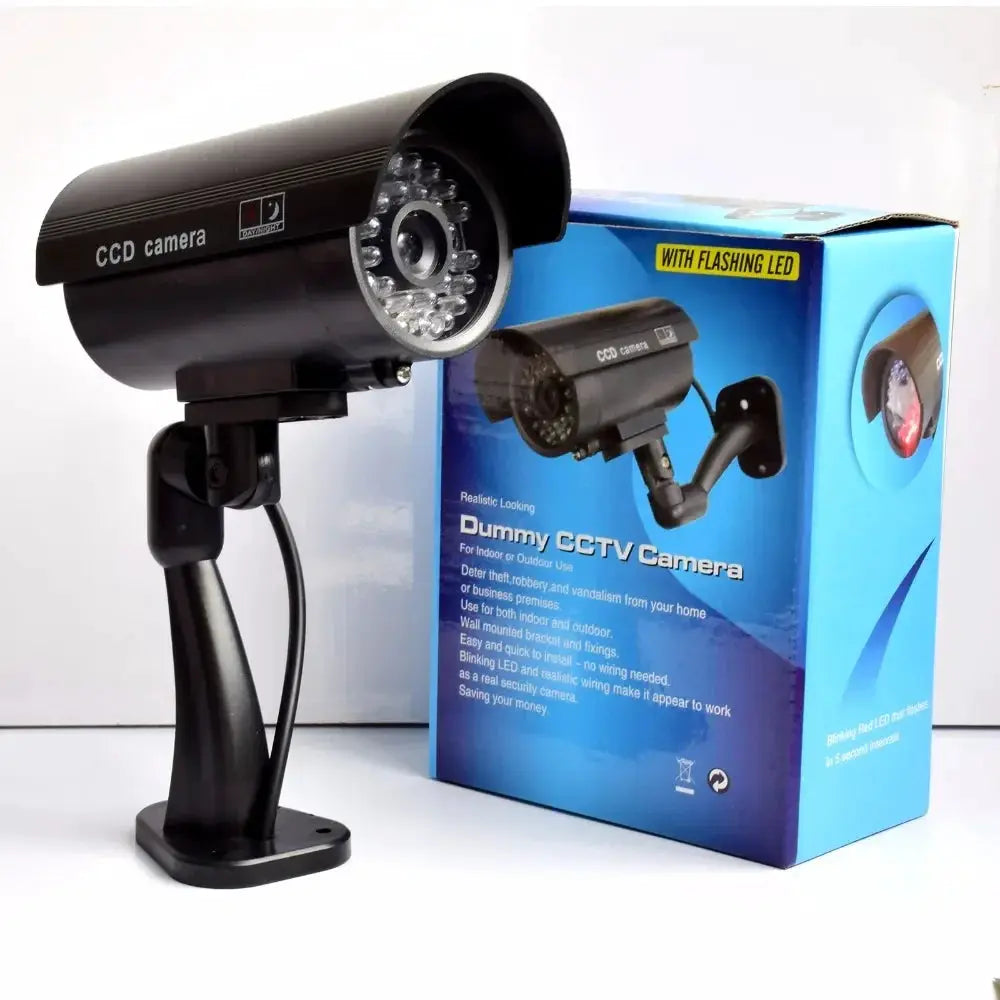 Eleopard dummy CCTV camera; black outdoor security cam with flashing red LED on a mounting stand