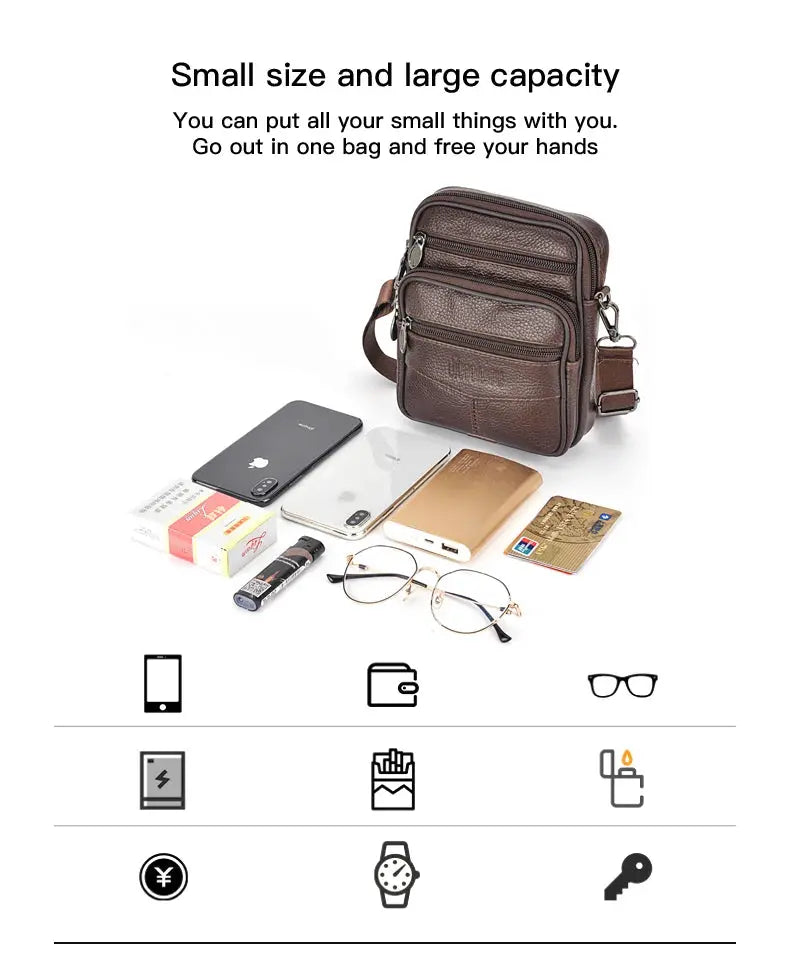 Men's genuine leather crossbody bag by Simples Market, brown with multiple zipper pockets