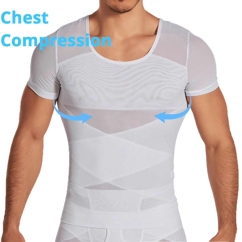 Men's white mesh compression undershirt with short sleeves for belly and abs control