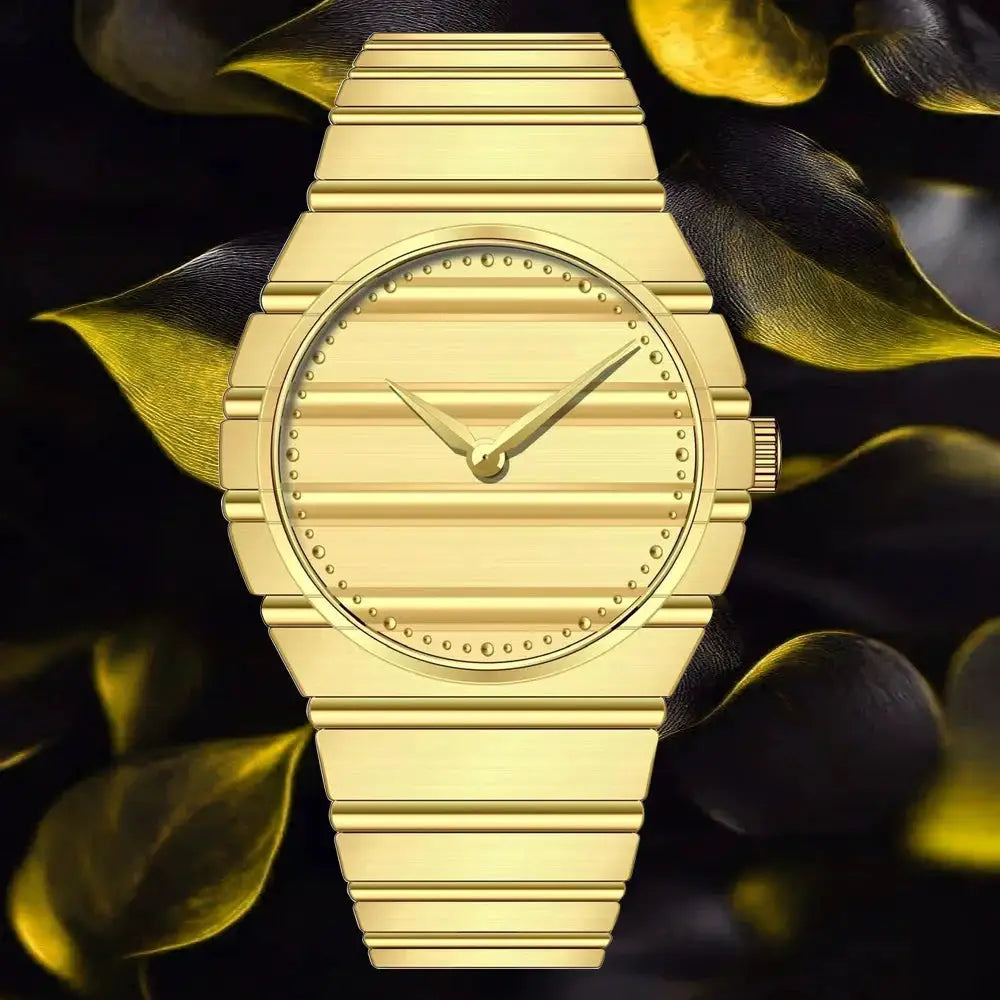Gold-tone men's wristwatch with ultrathin stainless steel bracelet and minimalist dial