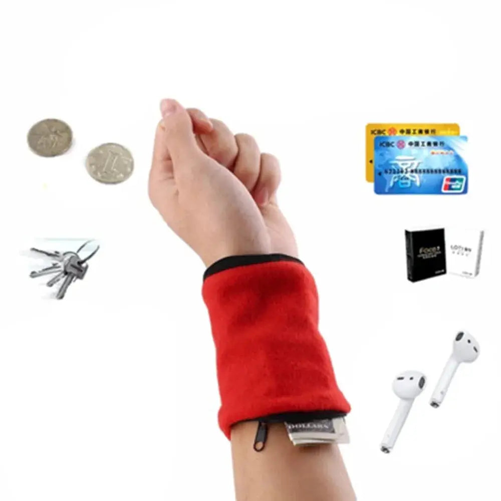 Mini red cotton wrist wallet with zipper; wristband key and coin pouch for running and gym