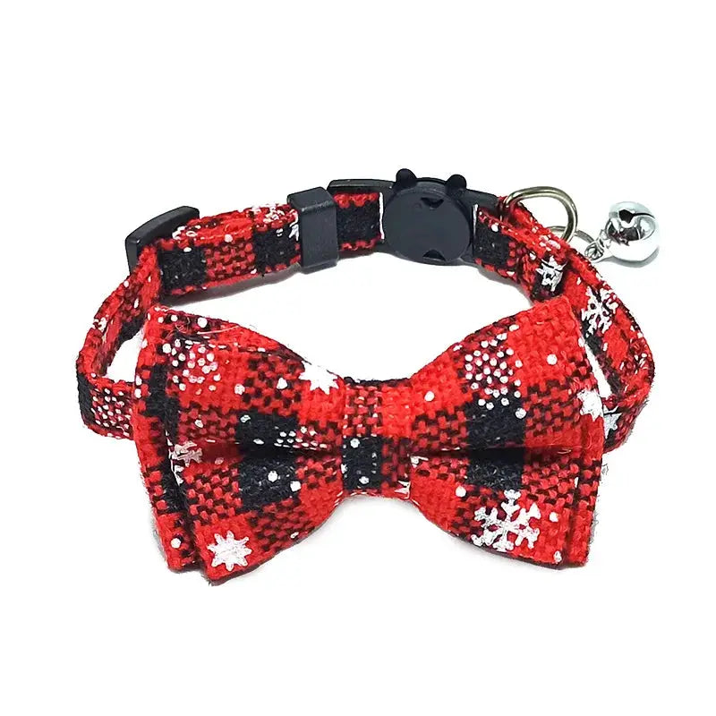Pet Breakaway Cat Collar With Bow Tie And Bell Plaid Christmas Red Adjustable Elastic For Cats And Small Dogs