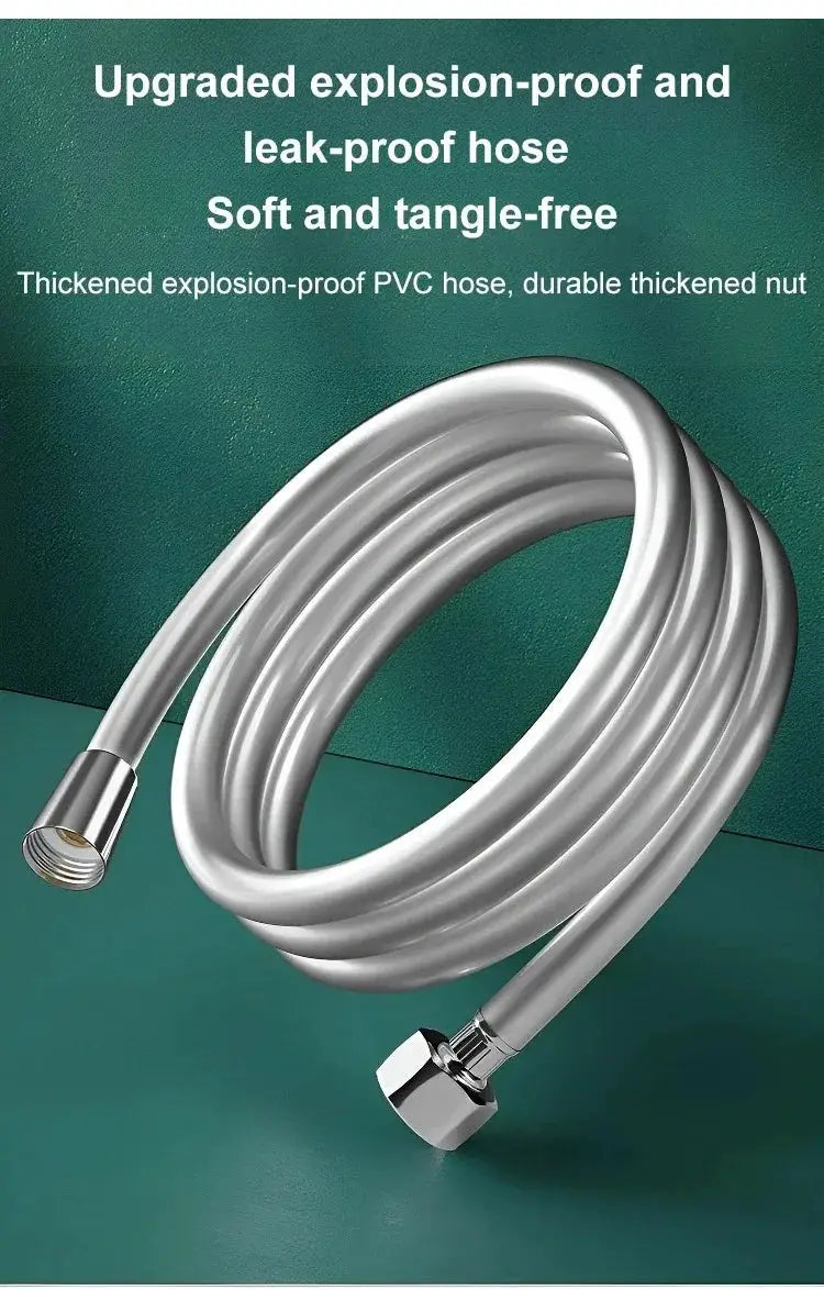 High-pressure shower hose with chrome finish, flexible coil and metal fittings.