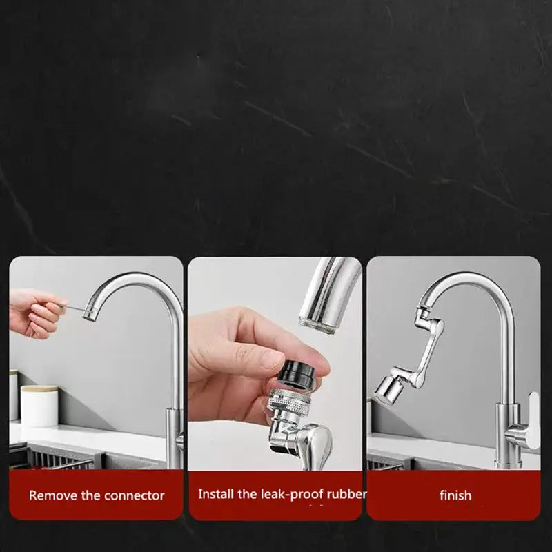 Simples Market chrome universal faucet sprayer head with 1080° rotation; 3-step installation shown